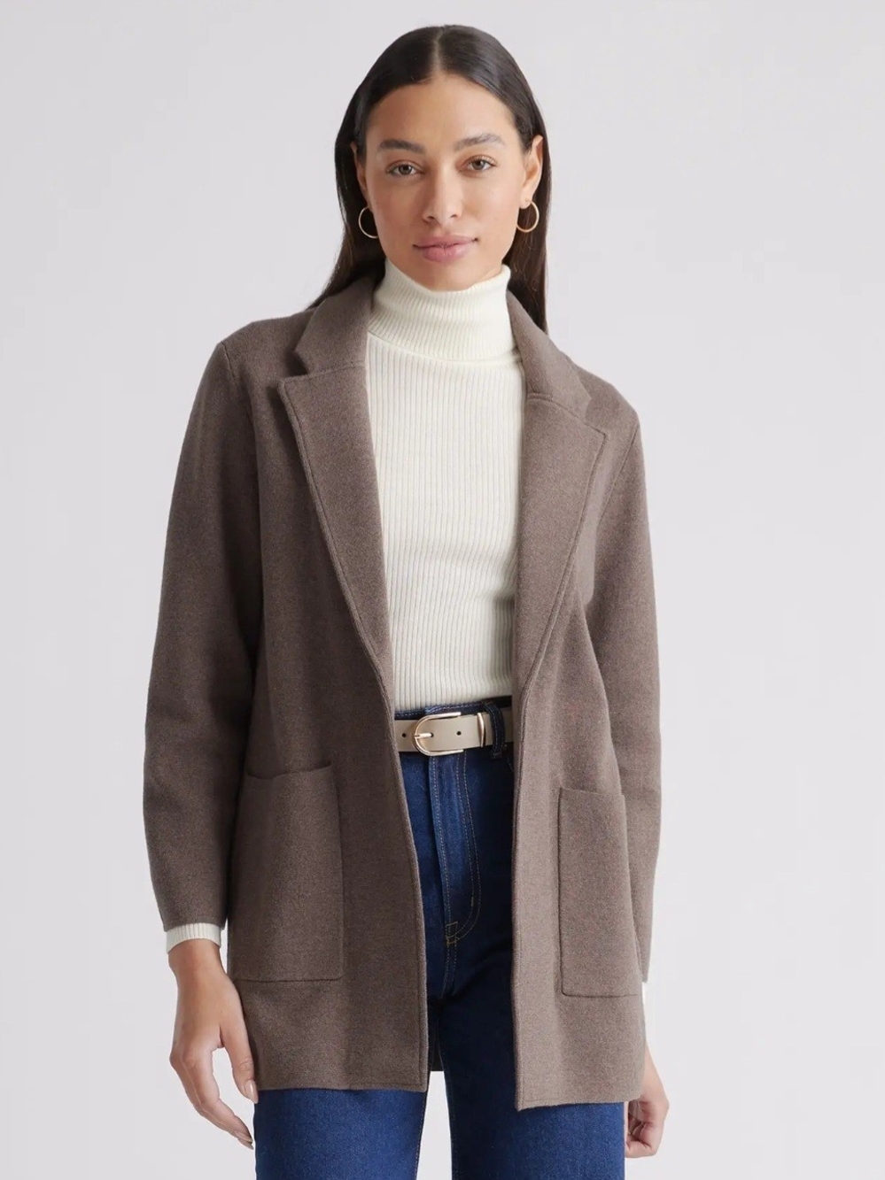 Quince Heather Brown Business Casual Knit Open-Front Blazer Coatigan